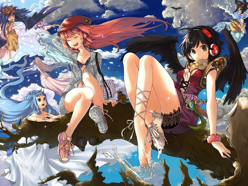 Anime girls with wings in sky