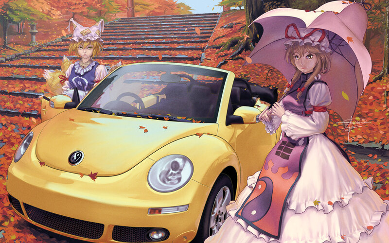 Anime girls with yellow car