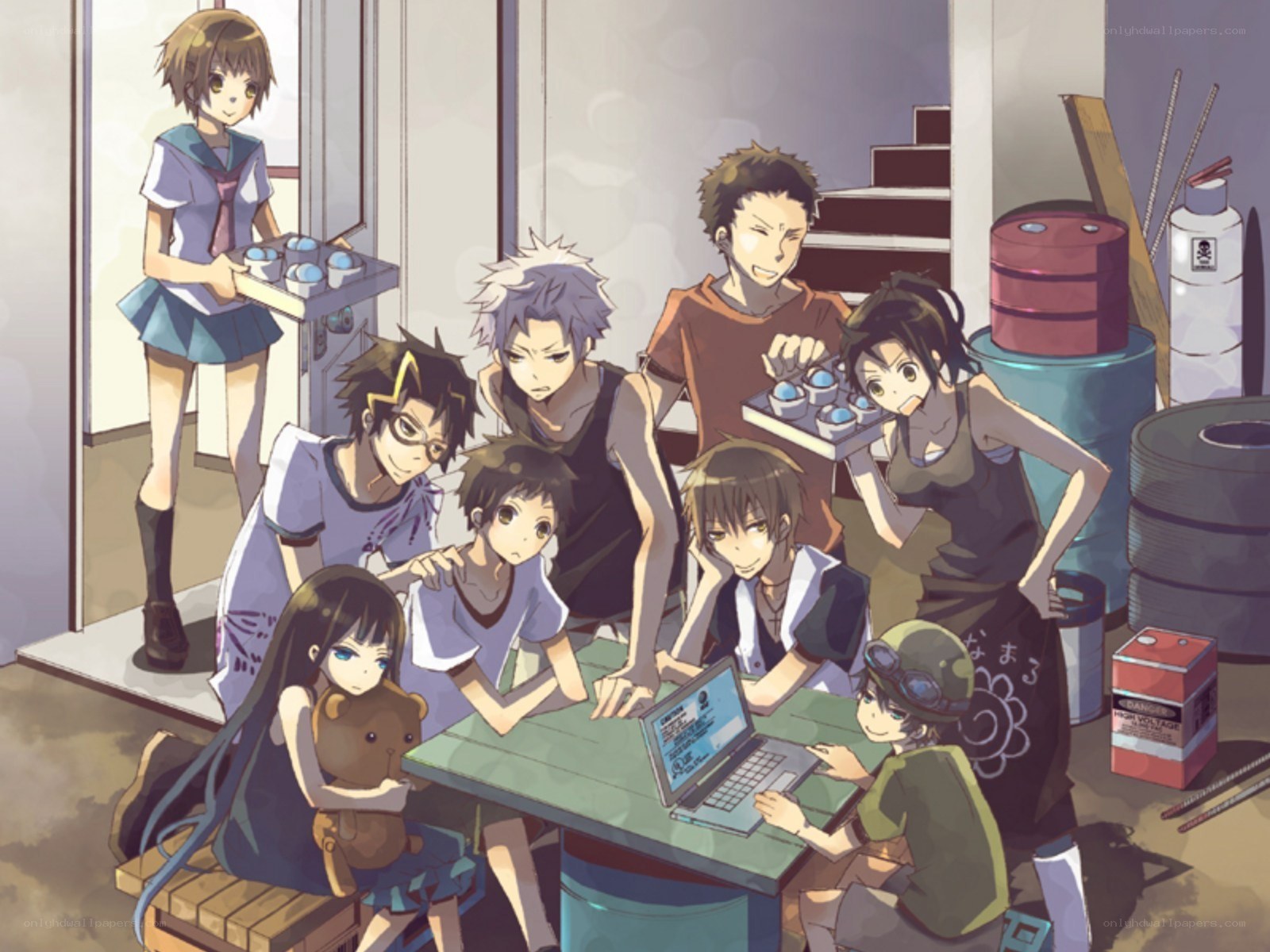 Anime group around a laptop