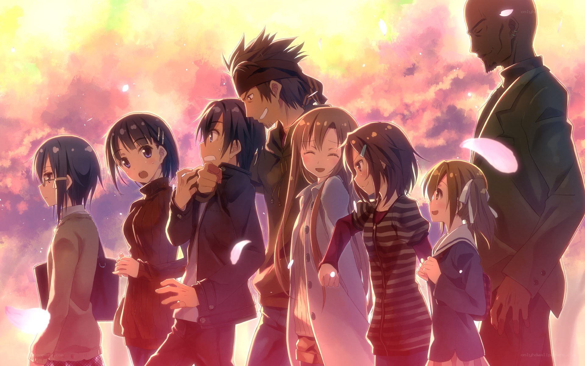 anime group portrait at sunset