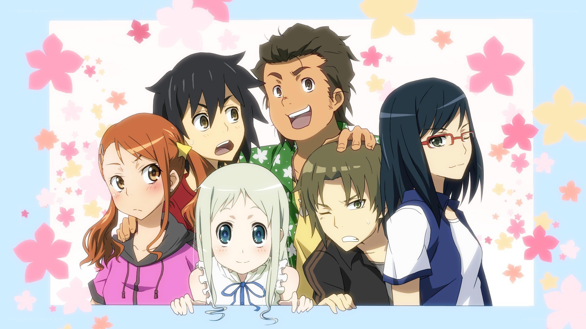 anime group portrait with flowers