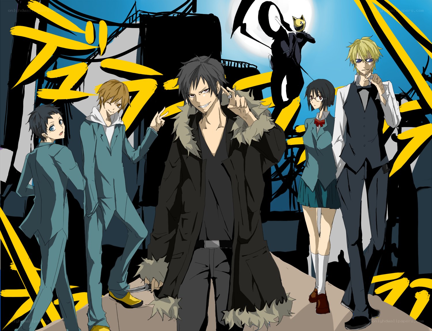 Anime group portrait with stylized text