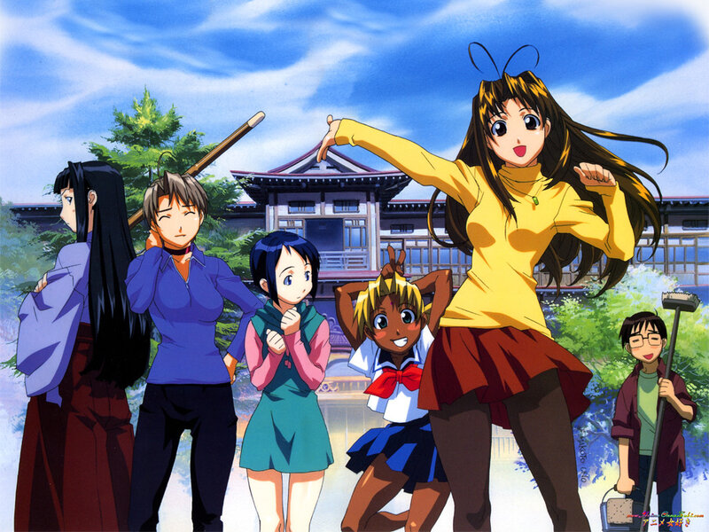 Anime group posing in front of temple