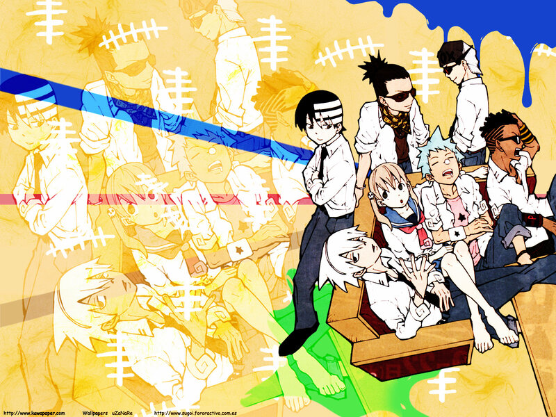 Anime group scene with stitches