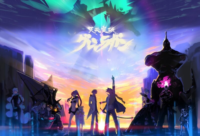 Anime group with mechs at sunset