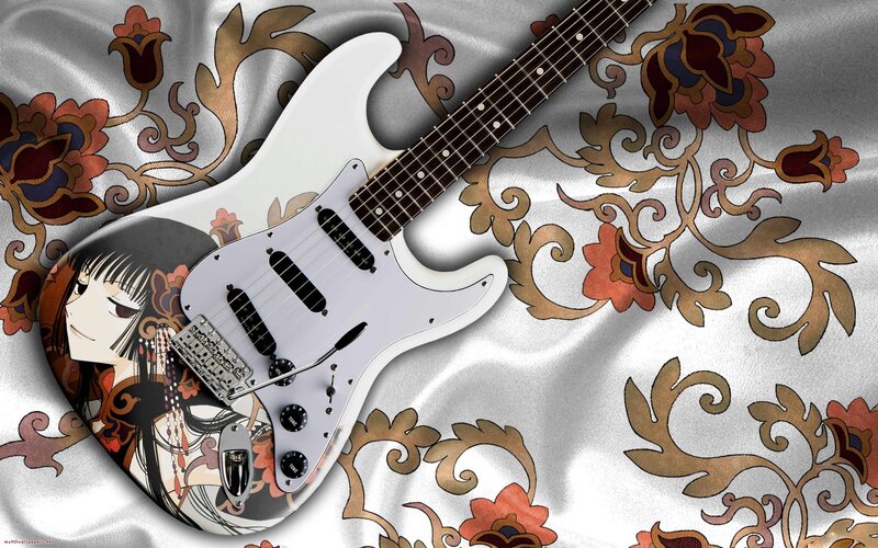 anime guitar on floral fabric