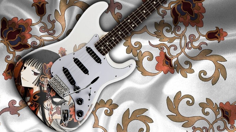 anime guitar on floral fabric
