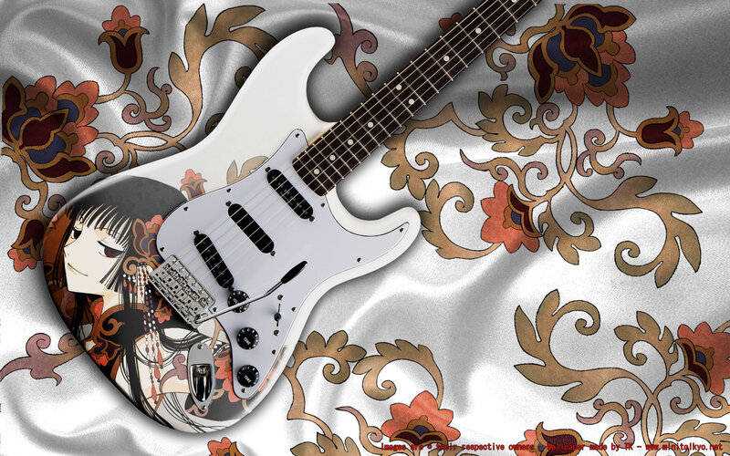anime guitar on floral fabric
