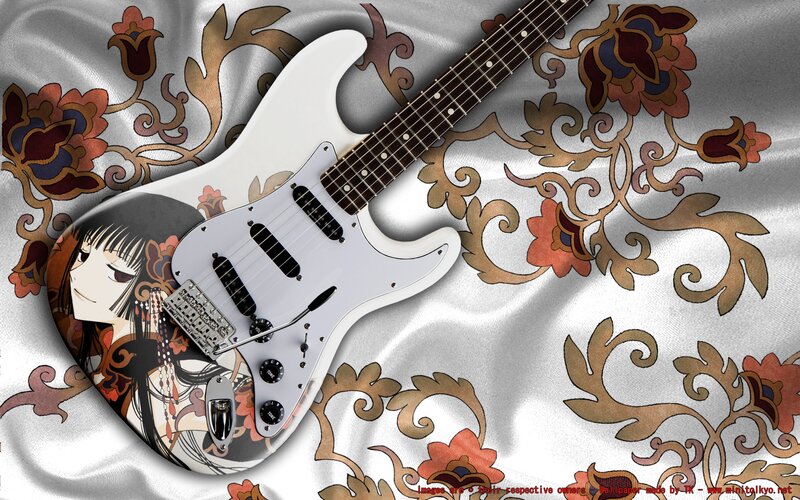 anime guitar on floral fabric