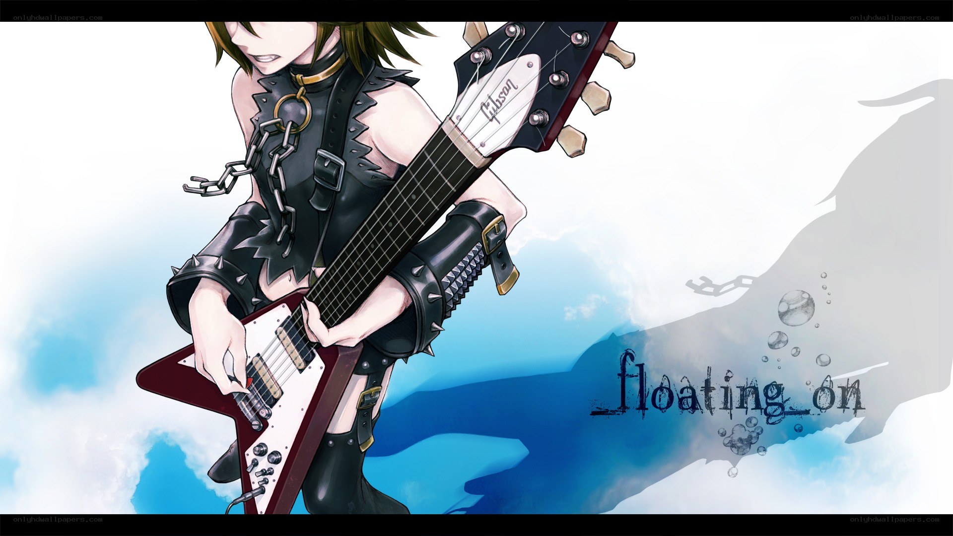 anime guitarist floating on clouds