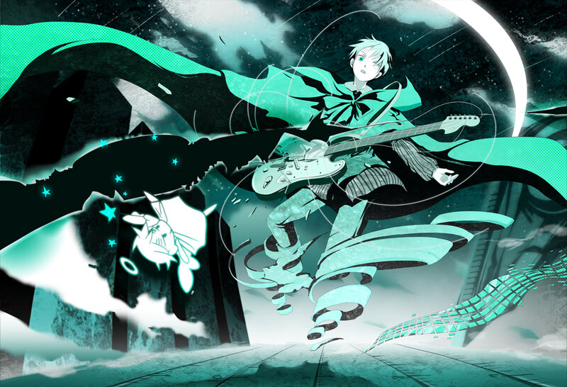 Anime guitarist in a storm