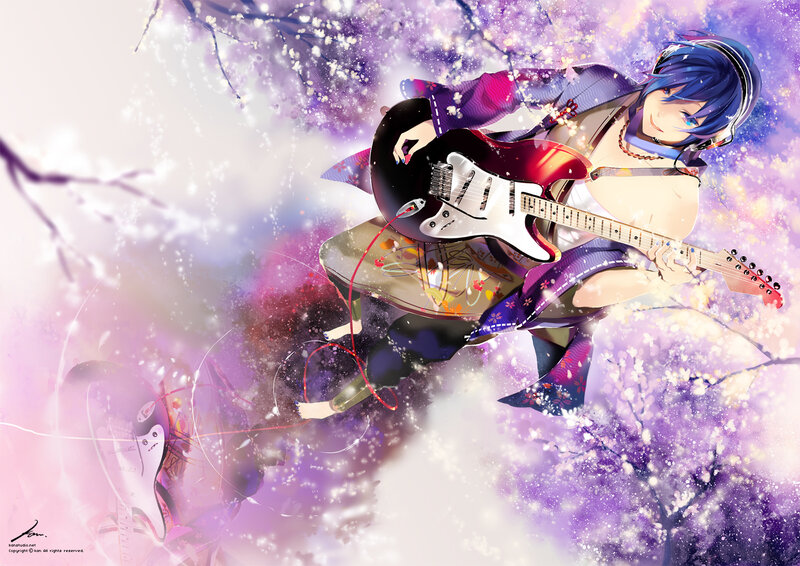 Anime guitarist in cherry blossoms