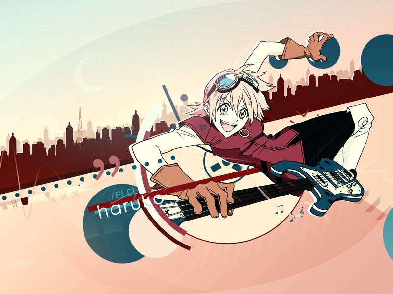 Anime guitarist in cityscape