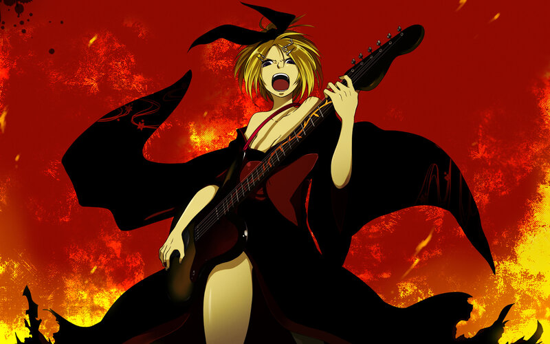 Anime guitarist in fiery scene