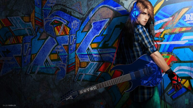 Anime Guitarist with Guitar — Blue, Dramatic