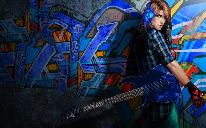 Anime Guitarist with Guitar — Blue