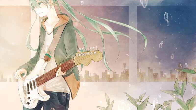 anime guitarist with long hair