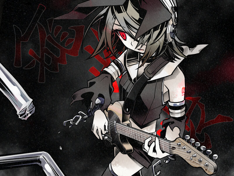 Anime guitarist with red eyes