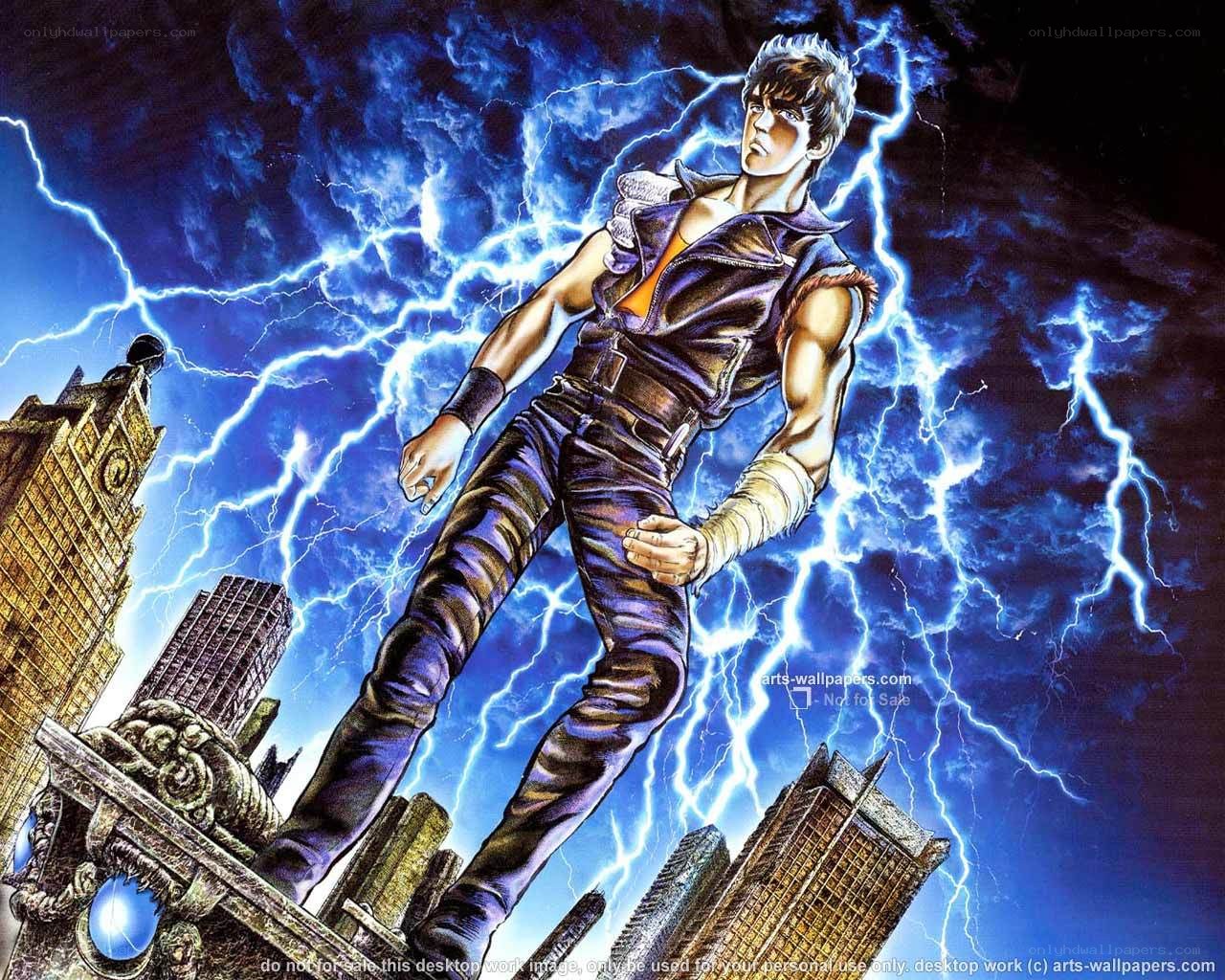 Anime hero in lightning storm