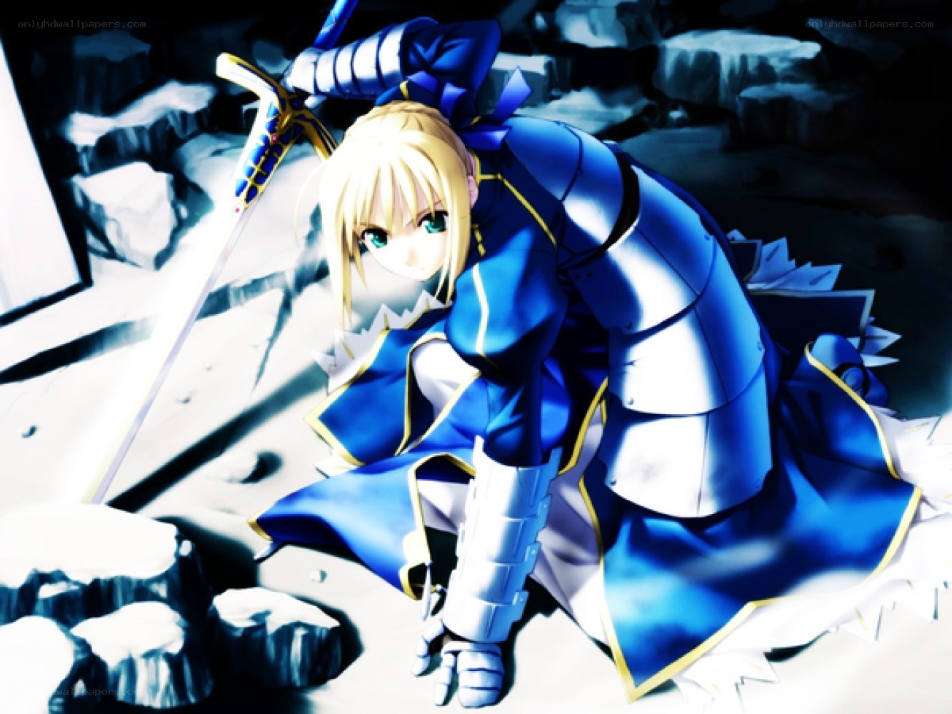 anime knight in blue armor