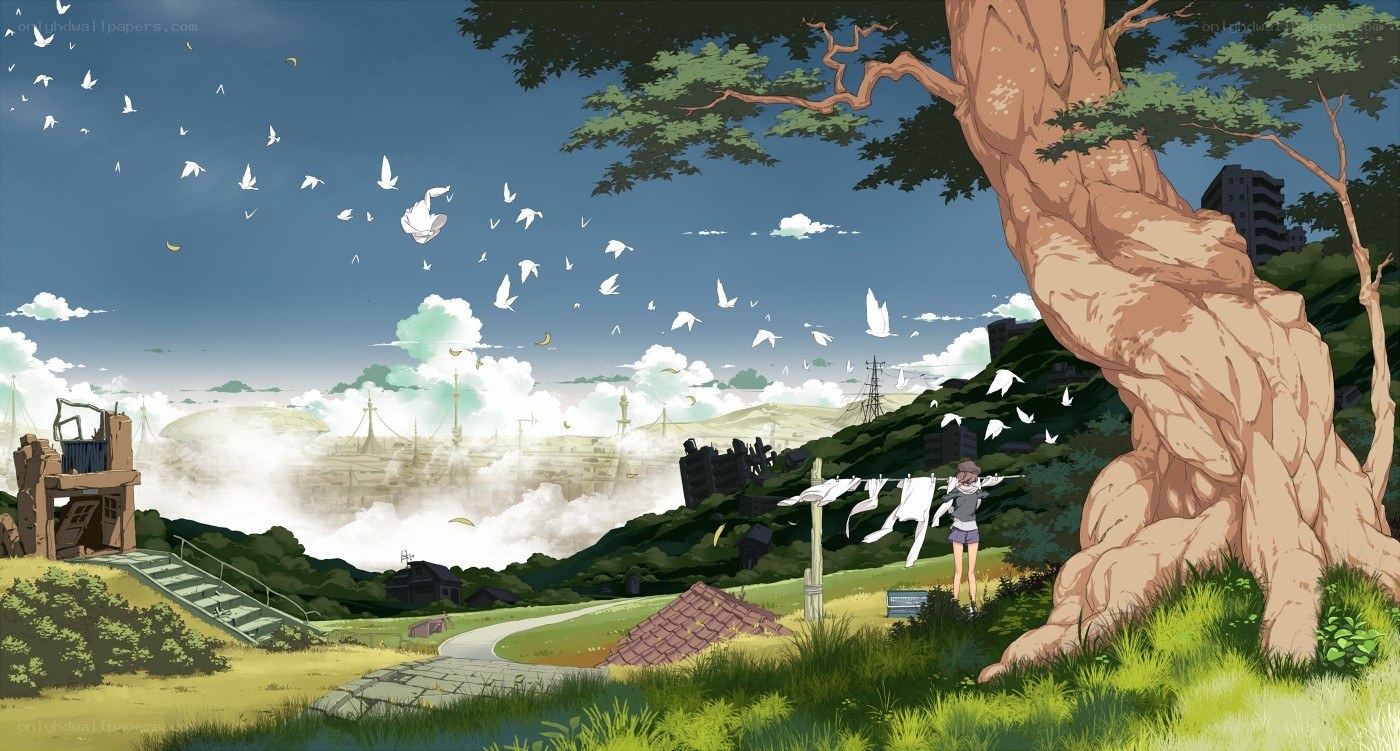 Anime landscape with birds and tree