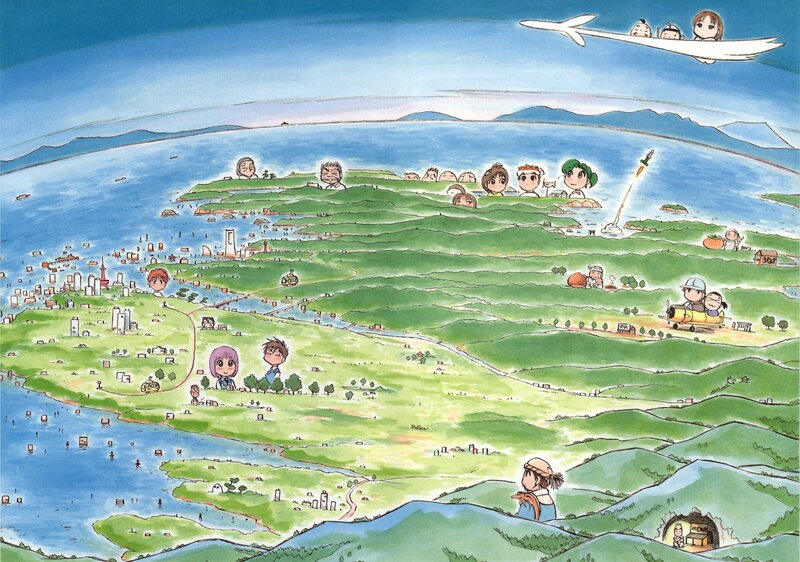 Anime landscape with characters