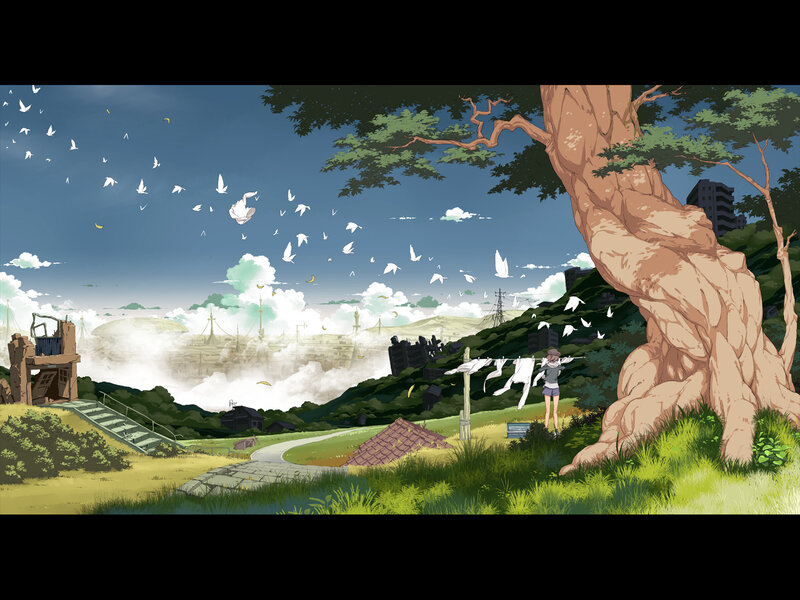 Anime landscape with girl and birds