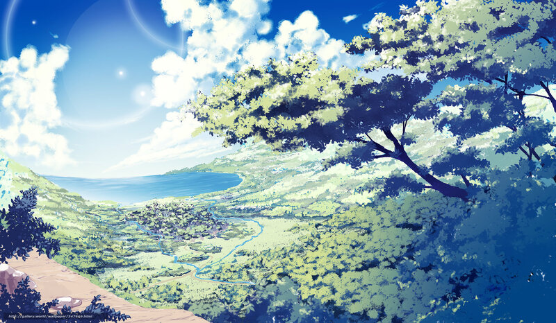 Anime landscape with river and sea