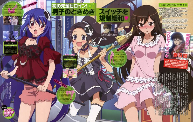 Anime magazine spread featuring three girls