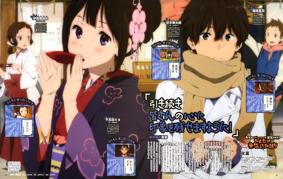 Anime magazine spread with characters