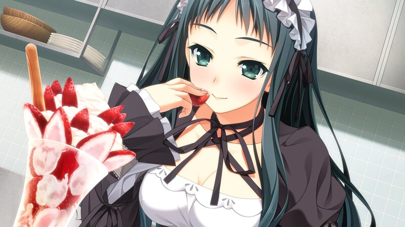 anime maid eating dessert