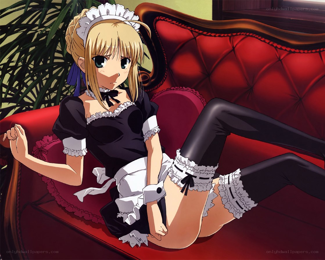 anime maid on red couch