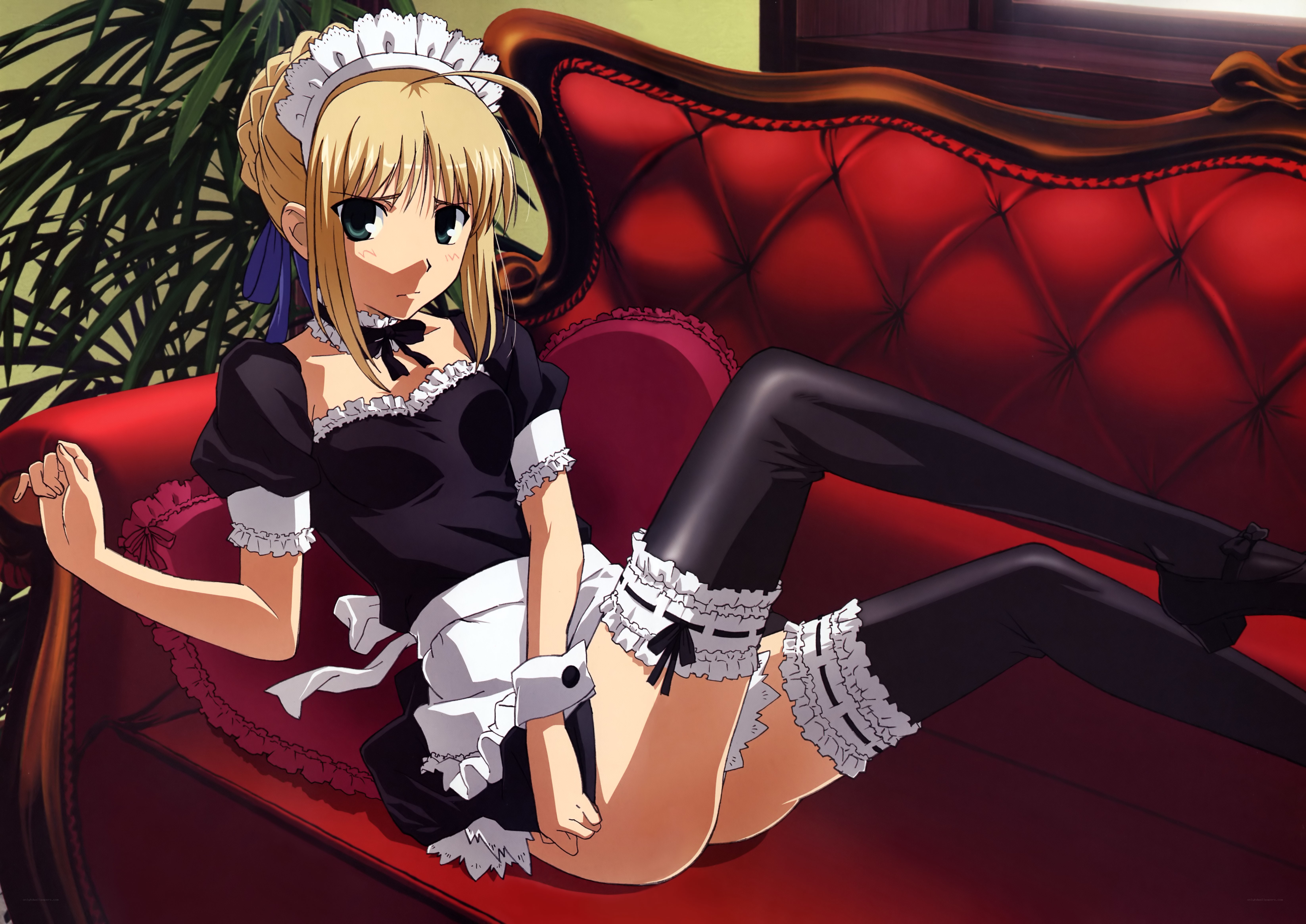 anime maid on red couch