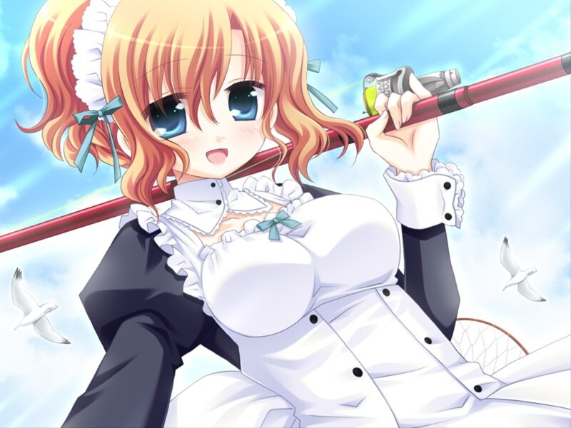 anime maid with fishing rod