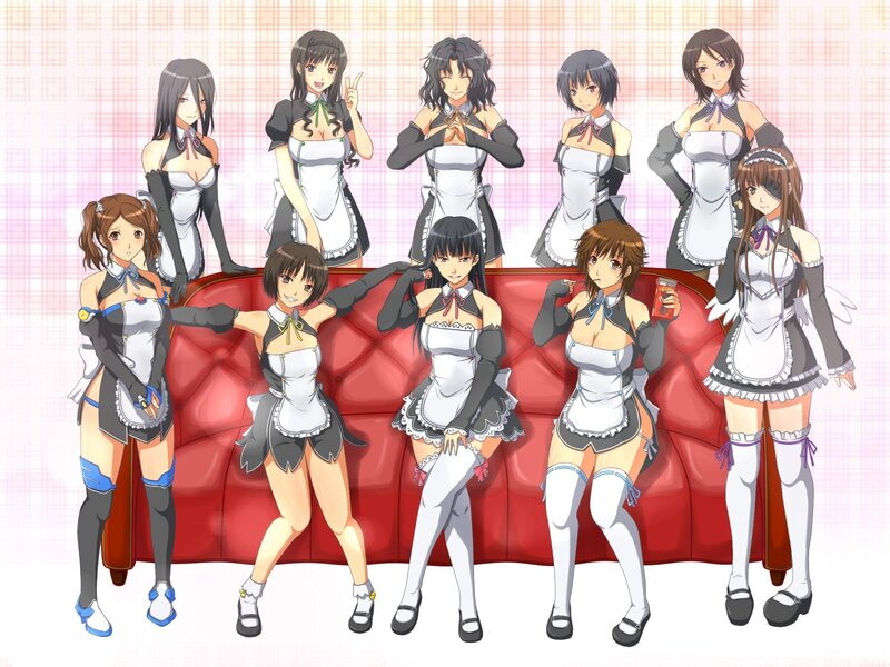 anime maids on a red couch