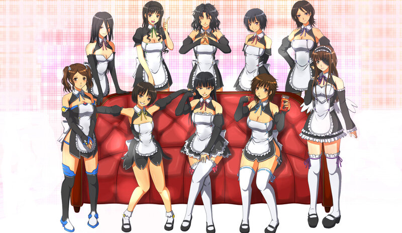 anime maids on red couch