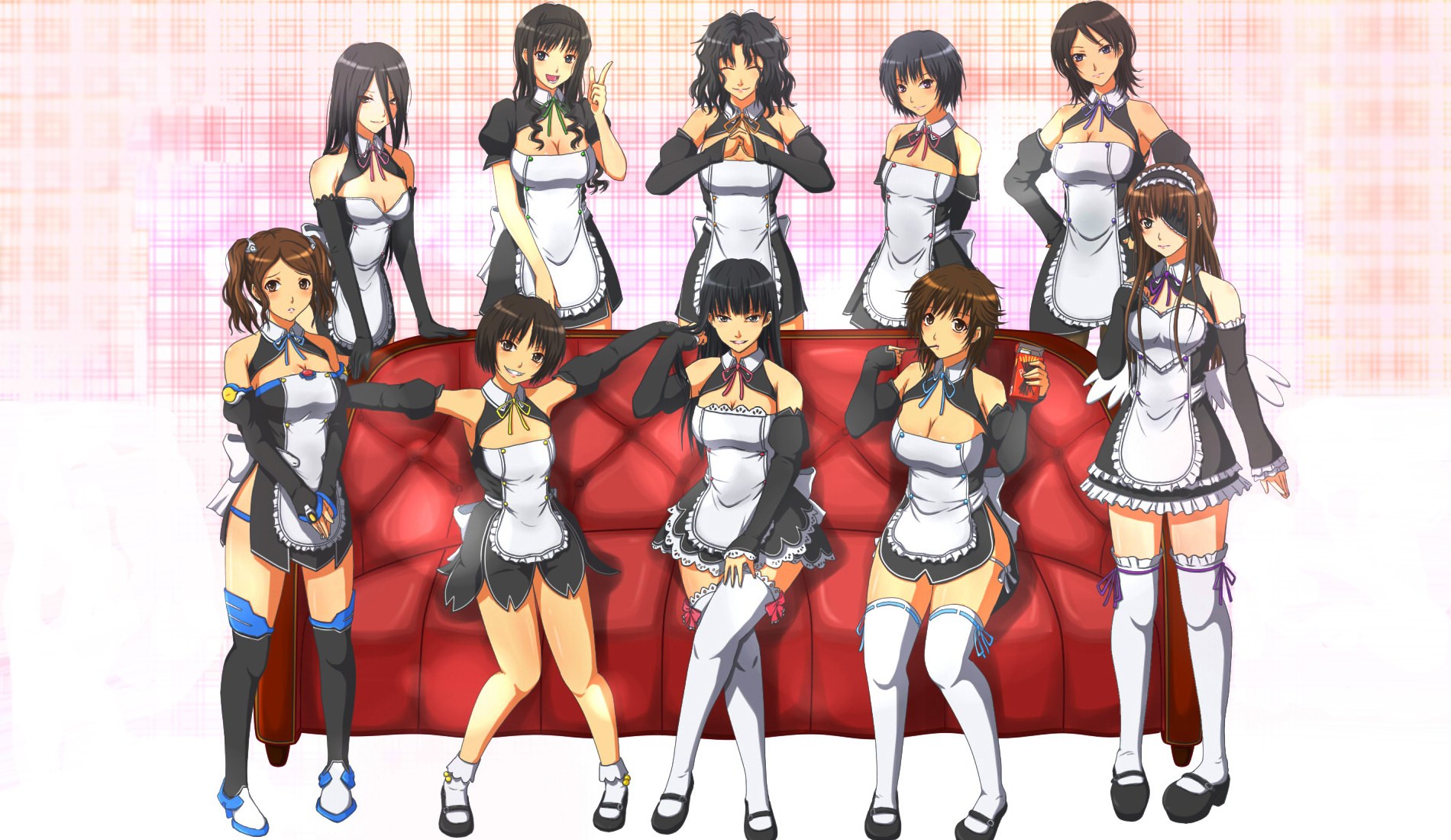 anime maids on red couch