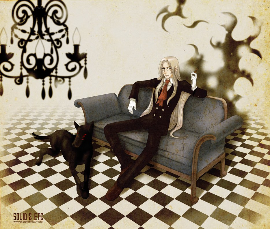 Anime man with dog on couch