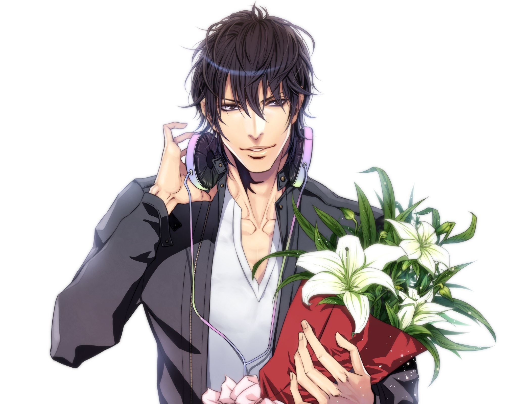 Anime man with flowers and headphones
