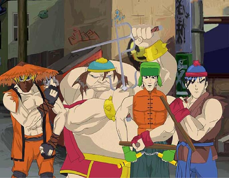 anime martial artists in street scene