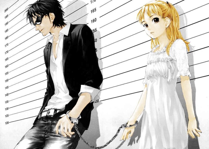 Anime mugshot with handcuffed pair
