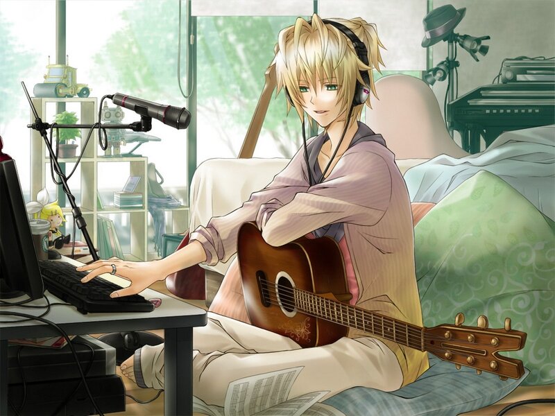 anime musician at desk