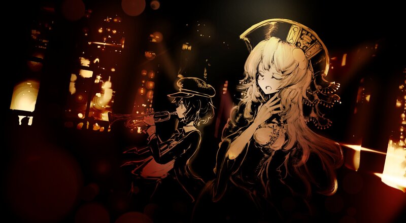 Anime musicians in a city at night
