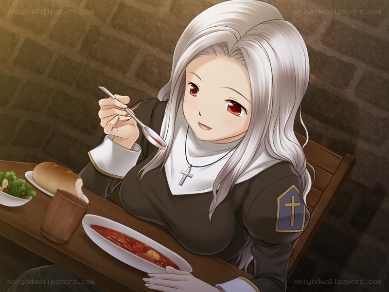 anime nun eating soup