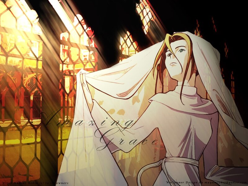 Anime nun in stained glass light