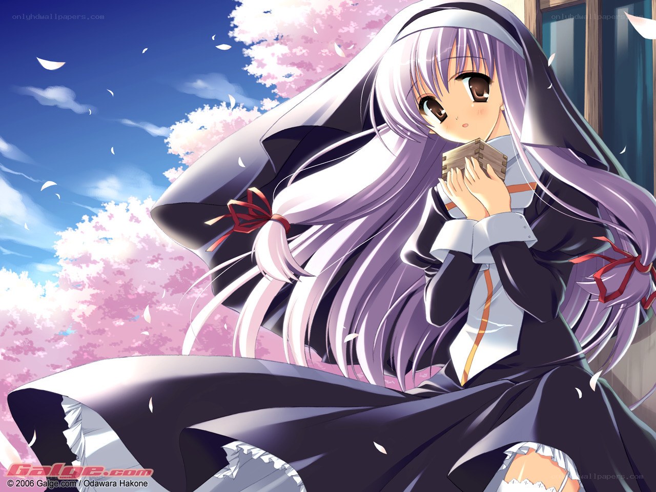 anime nun with cherry blossoms