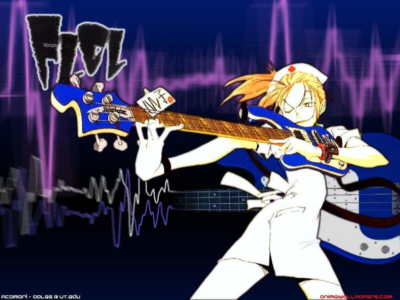 anime nurse playing bass guitar