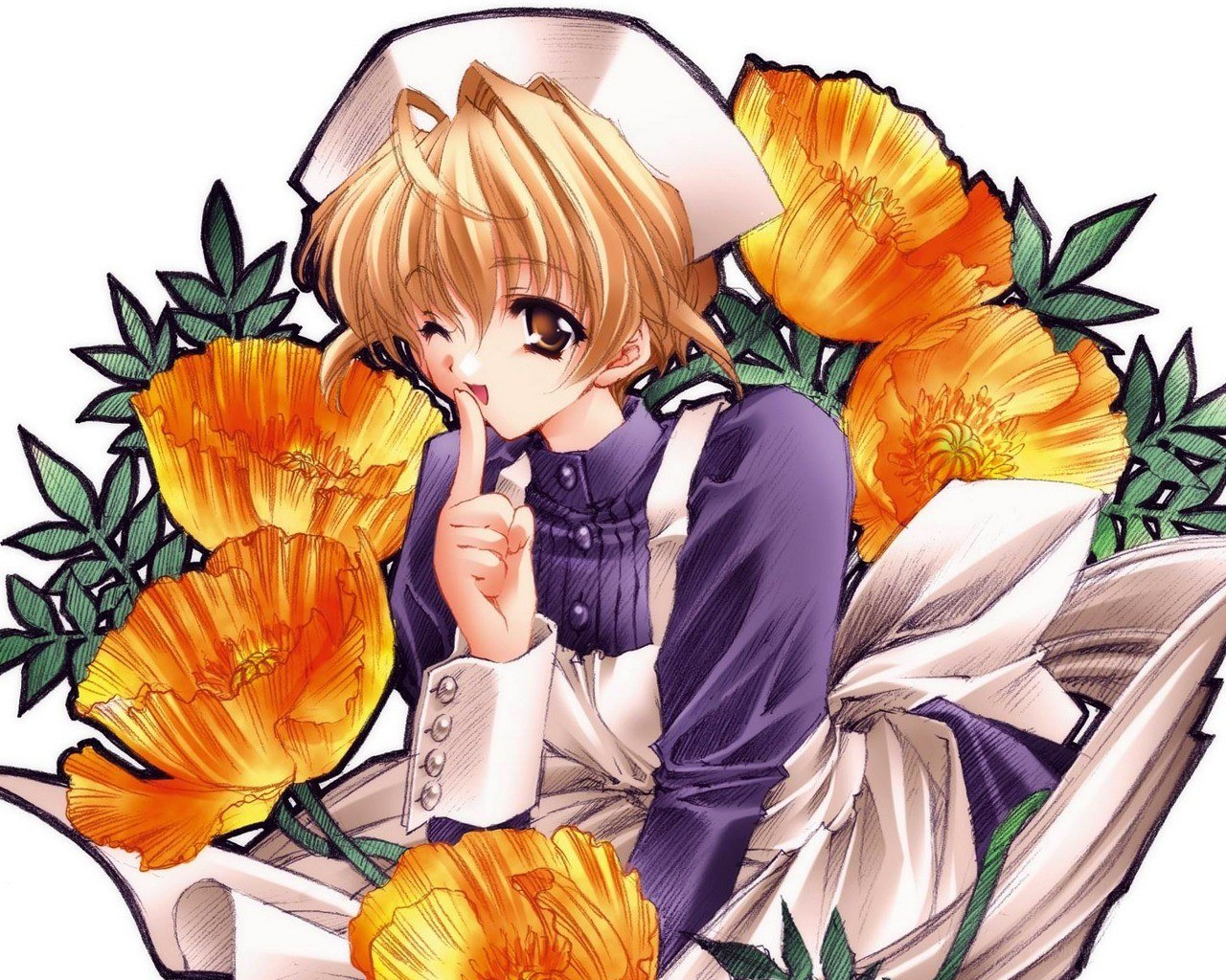 anime nurse with flowers