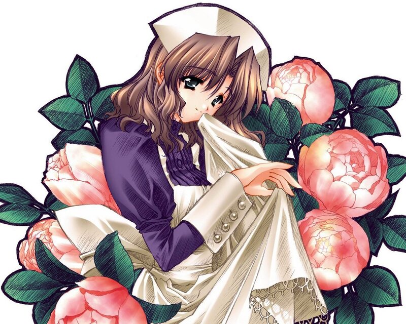 anime nurse with flowers