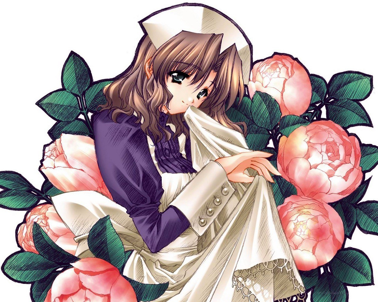 anime nurse with flowers